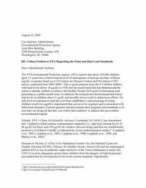 Lead Standards Petition Letter to Lisa Jackson, EPA, 2009