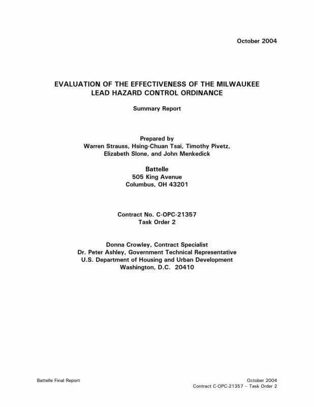 Evaluation of the Effectiveness of the Milwaukee Lead Hazard Control Ordinance: Summary Report