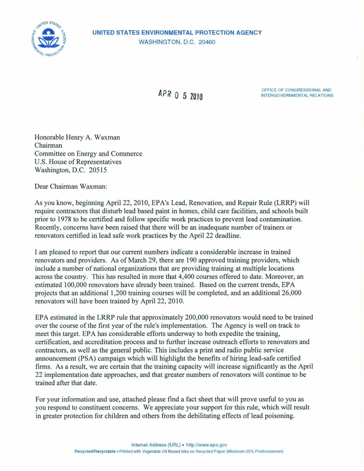 EPA Letter to Henry Waxman re: RRP Rule