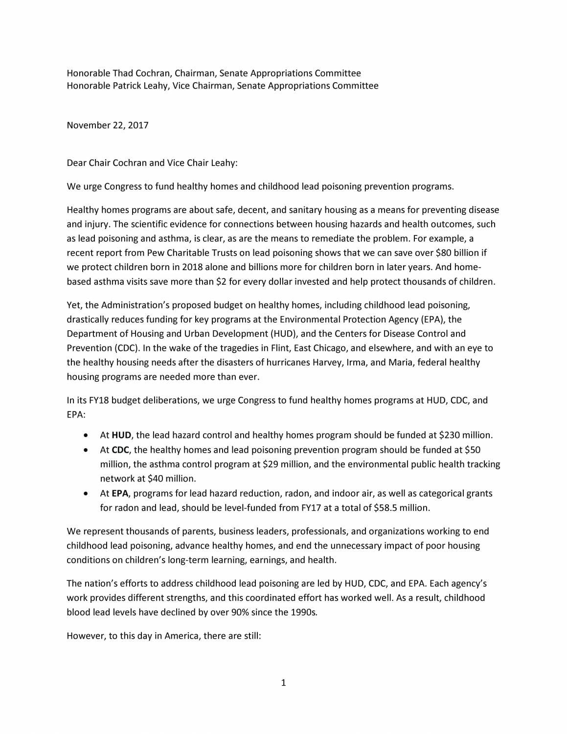 Senate Appropriations Letter, November 22, 2017