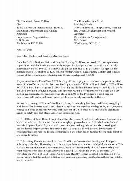 Letter: FY19 Senate Appropriations Committee Letter: HUD Lead Hazard ...