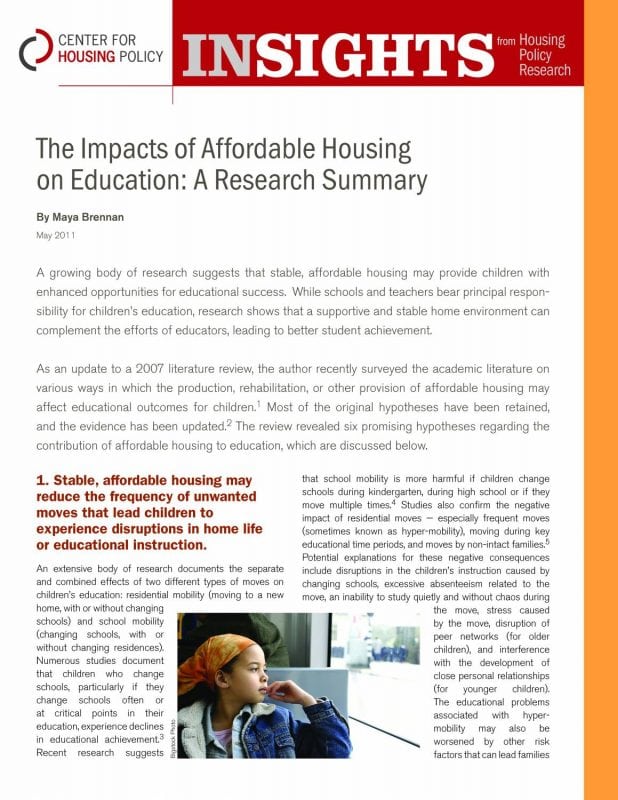The Impacts of Affordable Housing on Education: A Research Summary