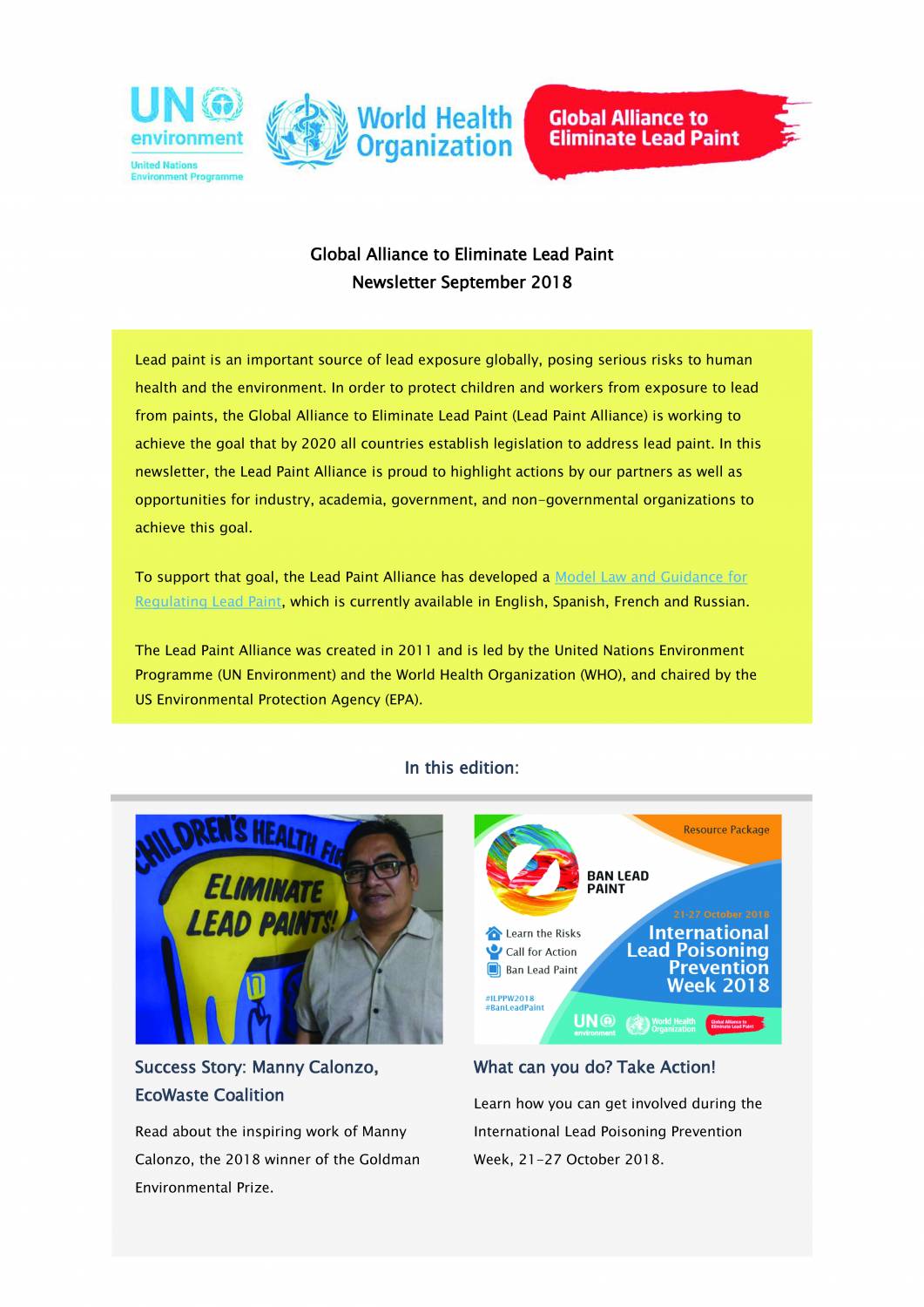 Global Alliance to Eliminate Lead Paint Newsletter, September 2018