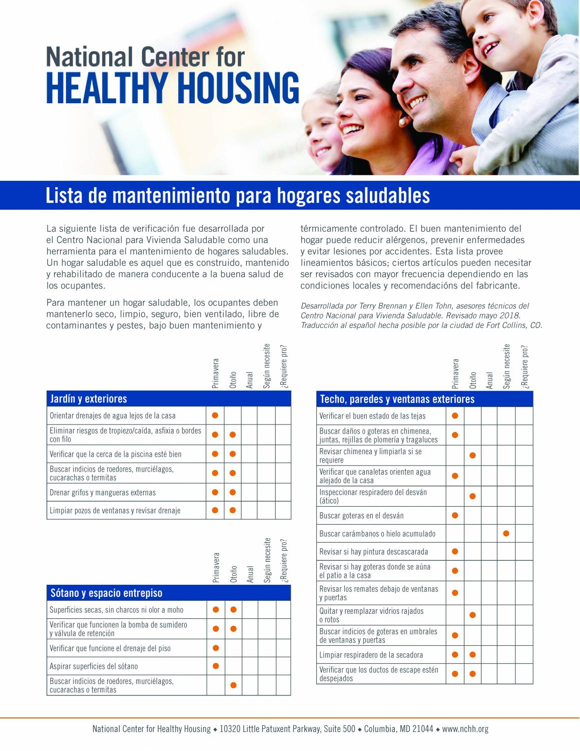Healthy Homes Maintenance Checklist - Espanol