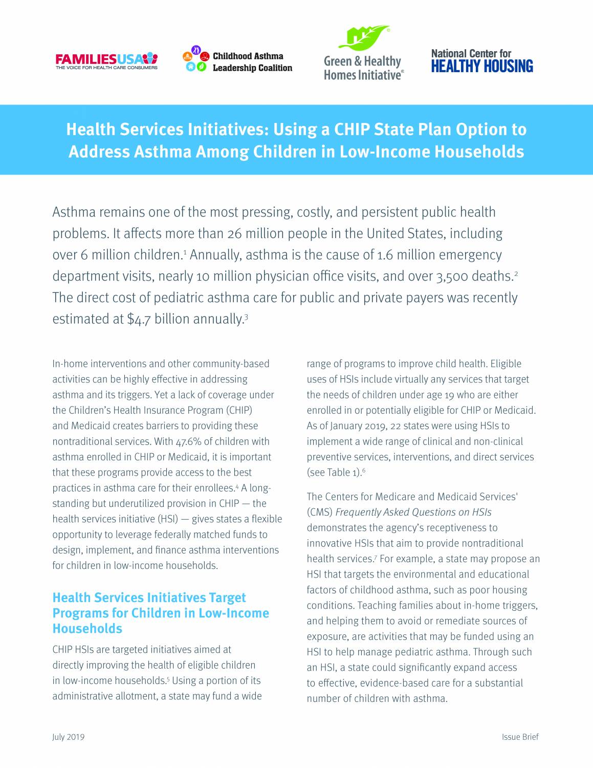 Technical Brief: Health Services Initiatives: Using a CHIP State Plan Option to Address Asthma among Children in Low-Income Households