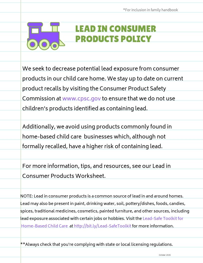 Lead-Safe Toolkit for Home-Based Child Care – Lead in Consumer Products Policy