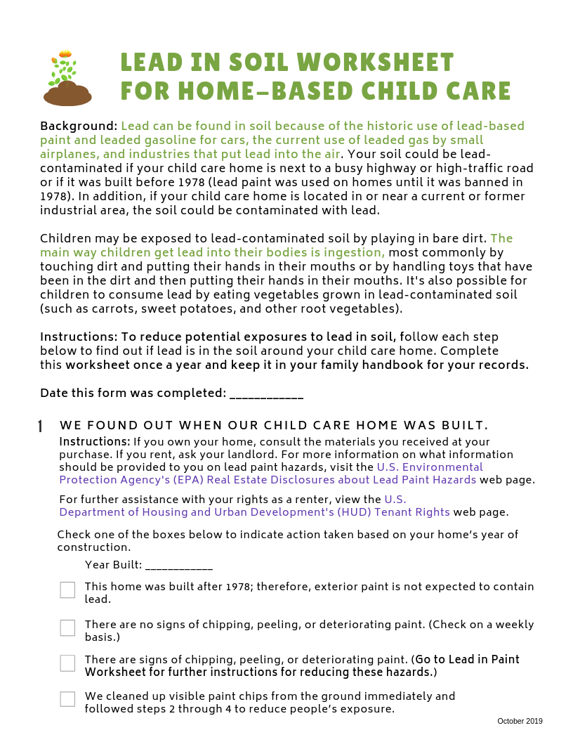 Lead-Safe Family Child Care Toolkit – Lead in Soil Worksheet