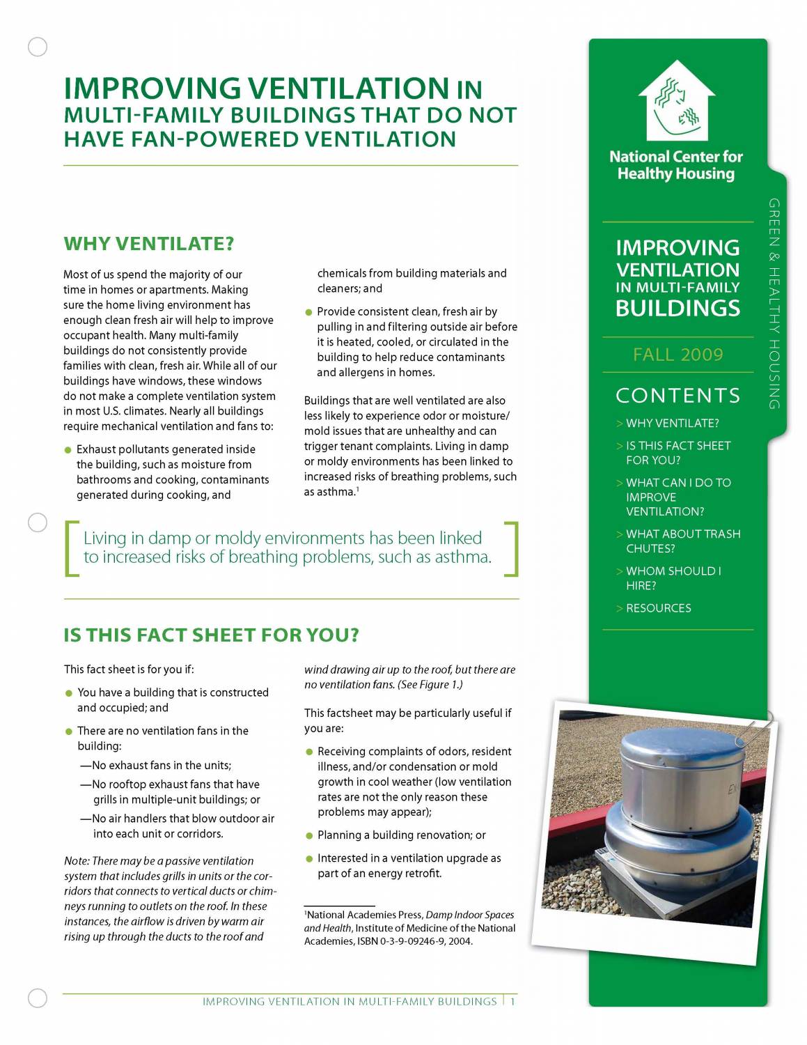 Fact Sheet: Green & Healthy Housing: Improving Ventilation in Multi-Family Buildings that Do Not Have Fan-Powered Ventilation