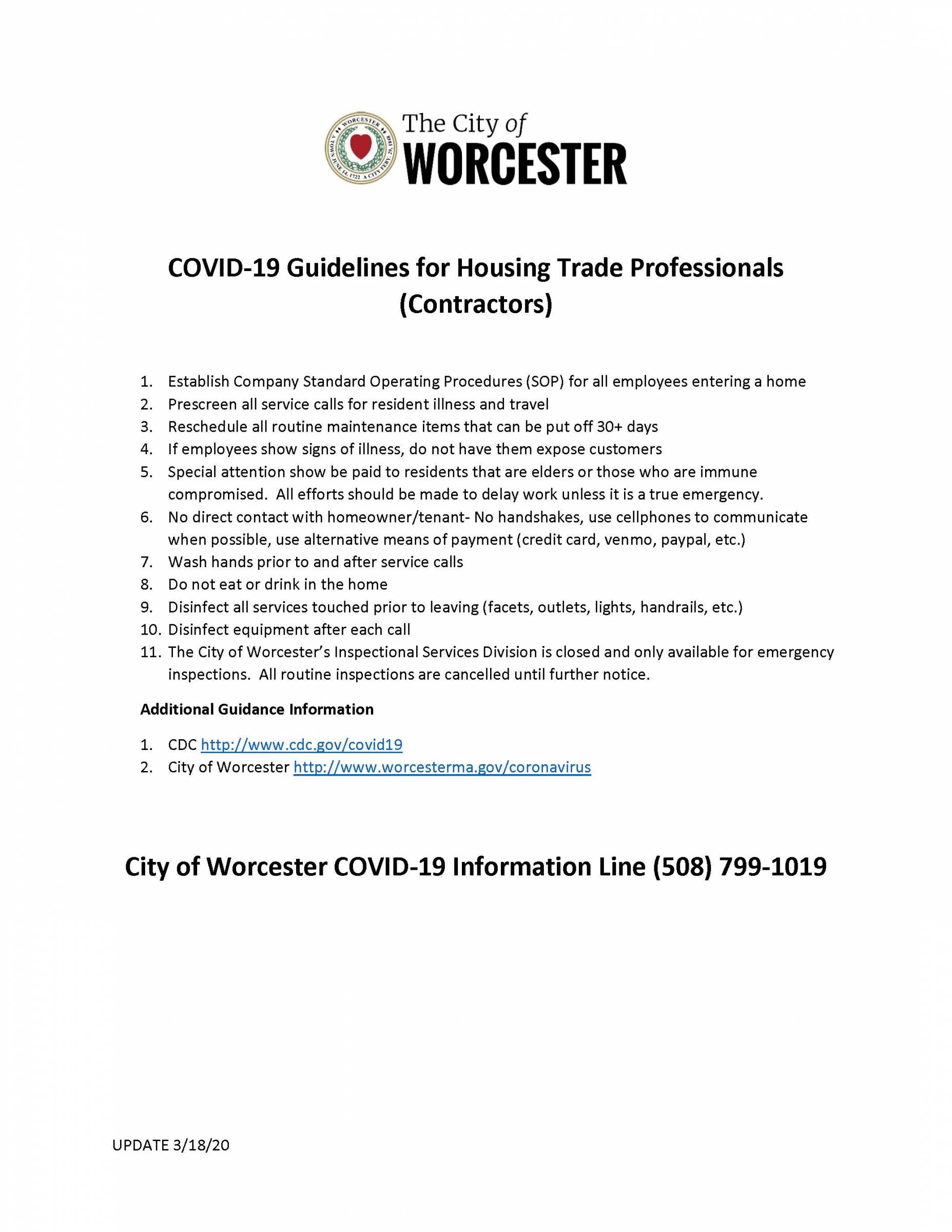 City of Worcester: COVID-19 Guidelines for Housing Trade Professionals (Contractors)