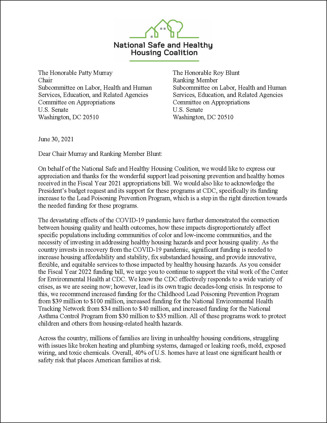 Letter: FY22 Appropriations to U.S. Senate: CDC Programs [2021.06.30] [NSHHC]