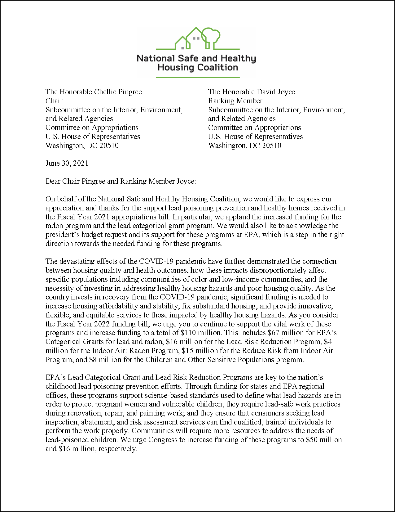 Letter: FY22 Appropriations to U.S. House: EPA Programs [2021.06.30] [NSHHC]