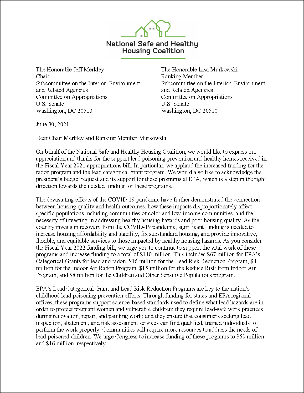 Letter: FY22 Appropriations to U.S. Senate: EPA Programs [2021.06.30] [NSHHC]