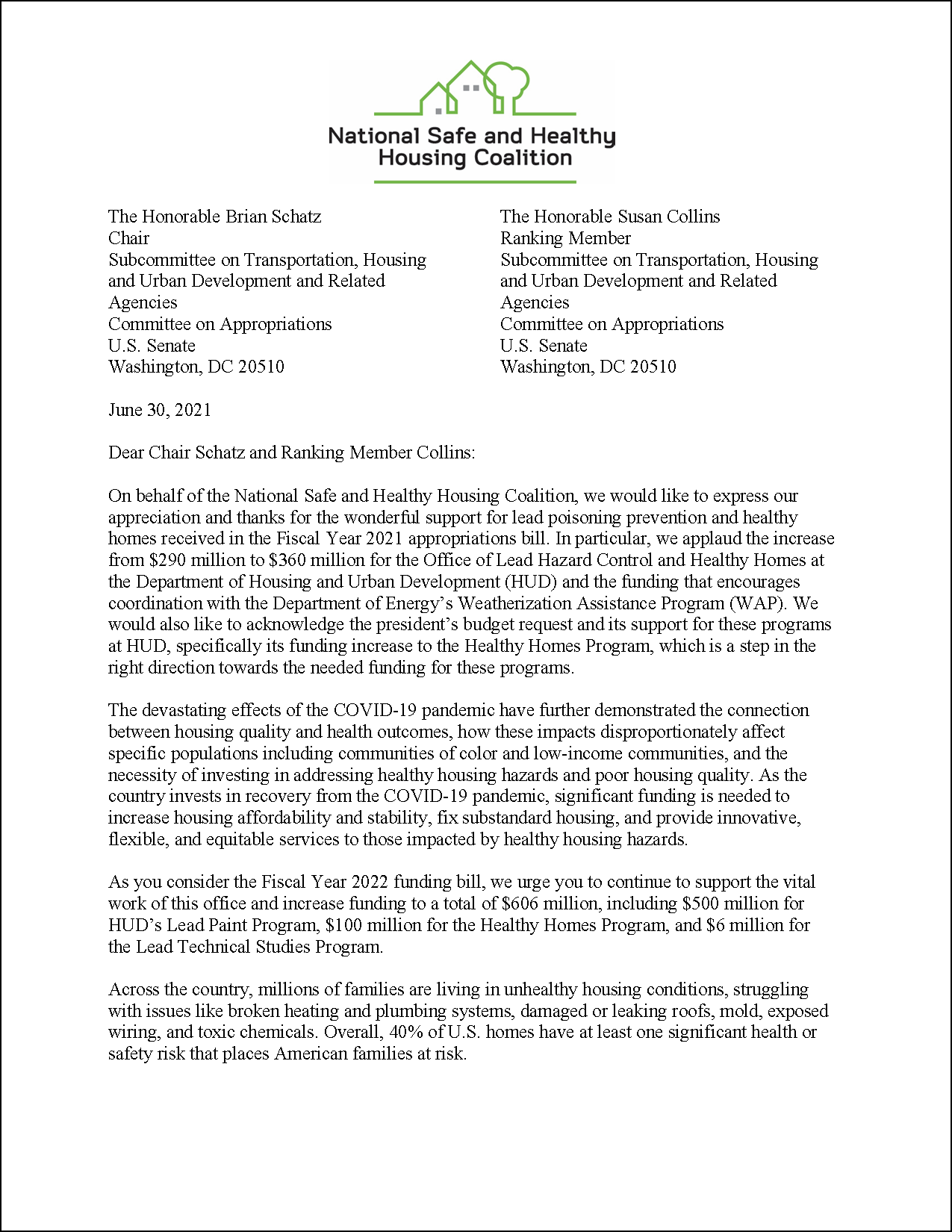 Letter: FY22 Appropriations to U.S. Senate: HUD Programs [2021.06.30] [NSHHC]