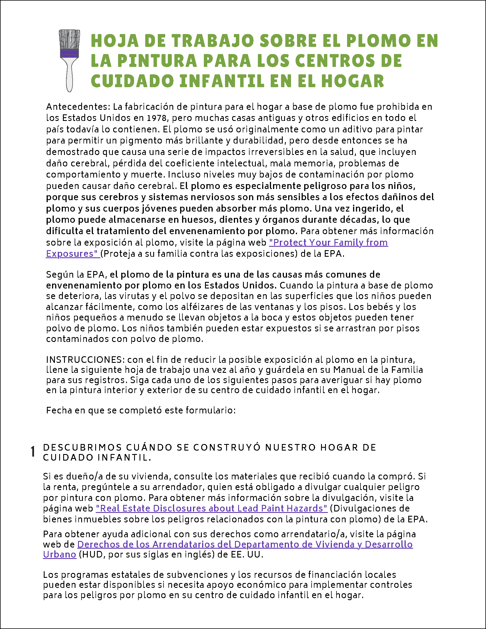 Lead-Safe Toolkit for Home-Based Child Care: Lead in Paint Worksheet - Espanol