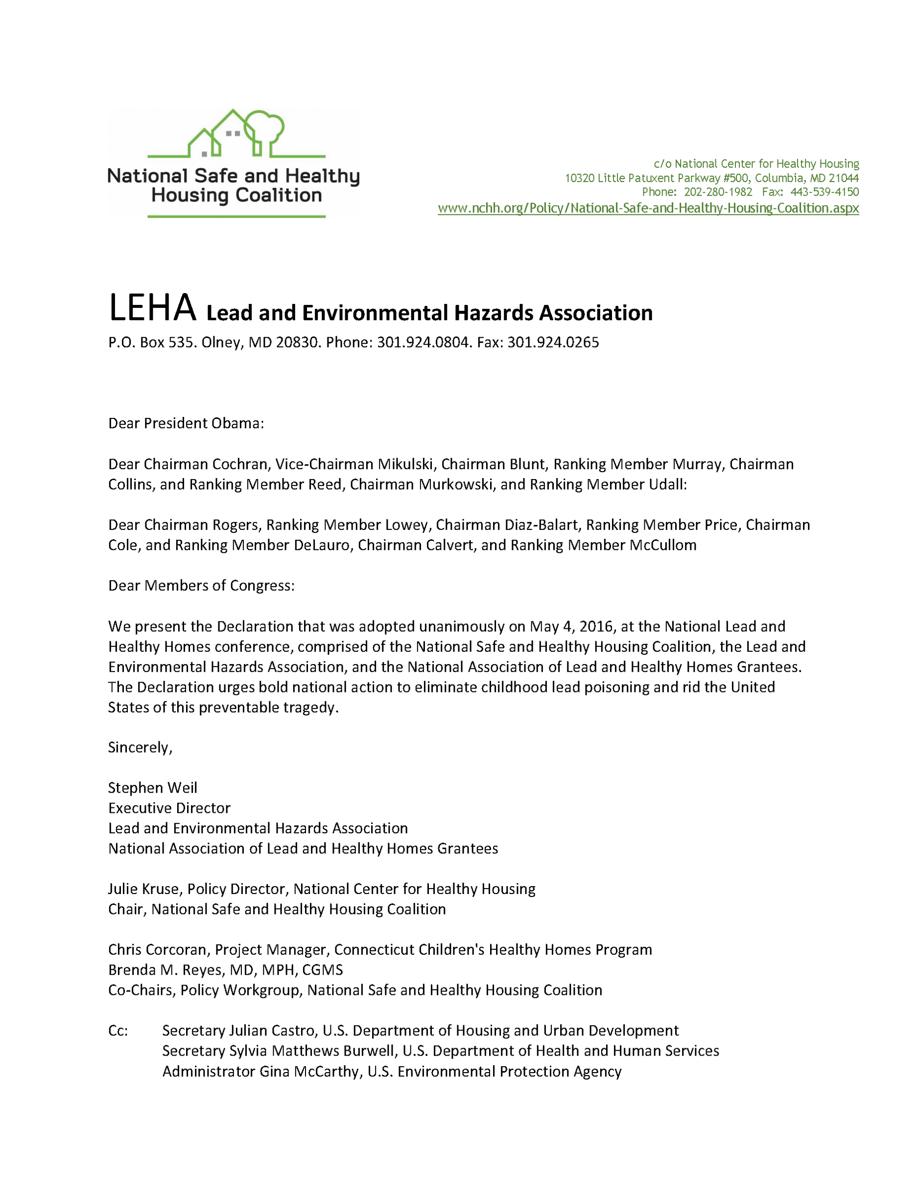 Letter: 2016.xx.xx - Declaration of Lead Poisoning Prevention Delegates [NSHHC]
