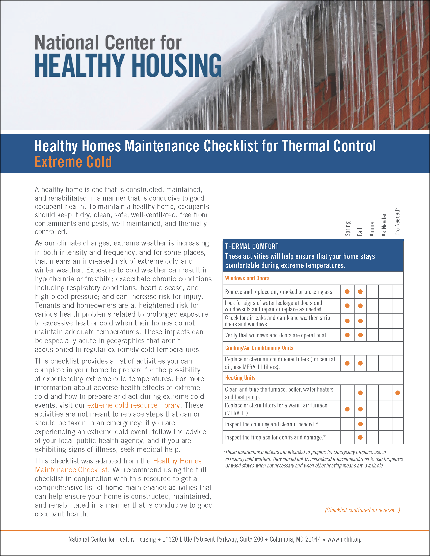 Healthy Homes Maintenance Checklist for Thermal Control: Extreme Cold