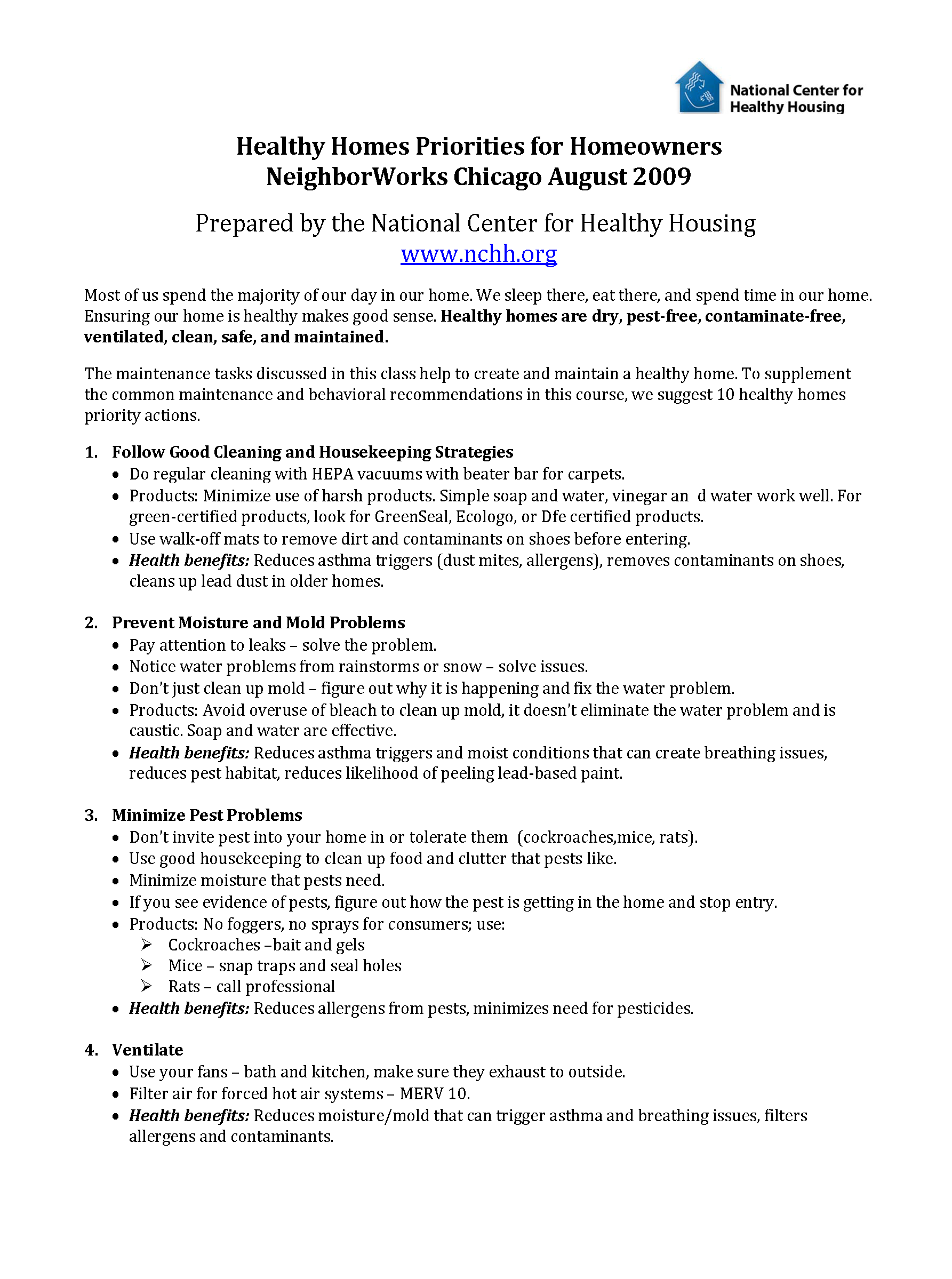 Fact Sheet - Healthy Homes Priorities for Homeowners - NeighborWorks Chicago 2009