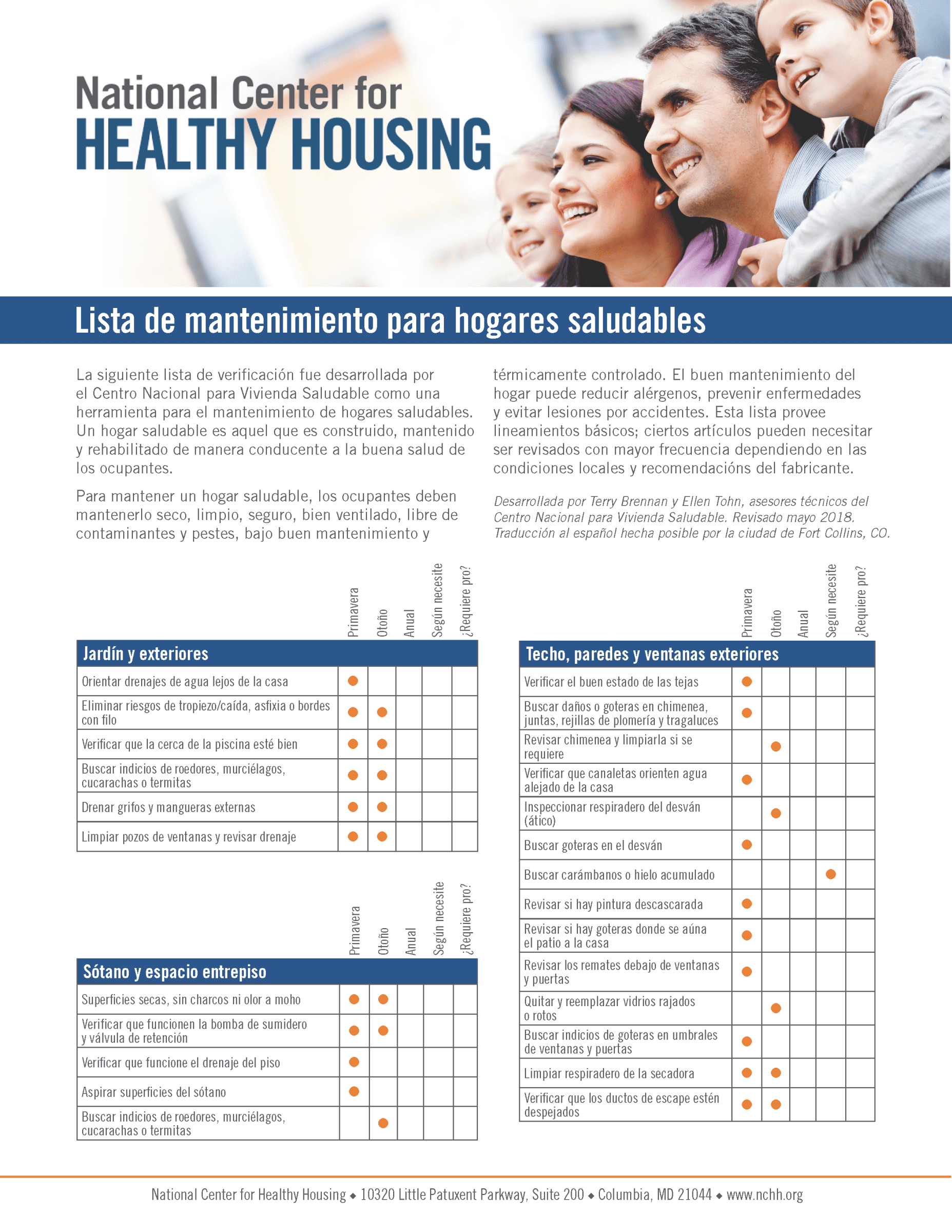 Healthy Homes Maintenance Checklist - Espanol (Spanish)