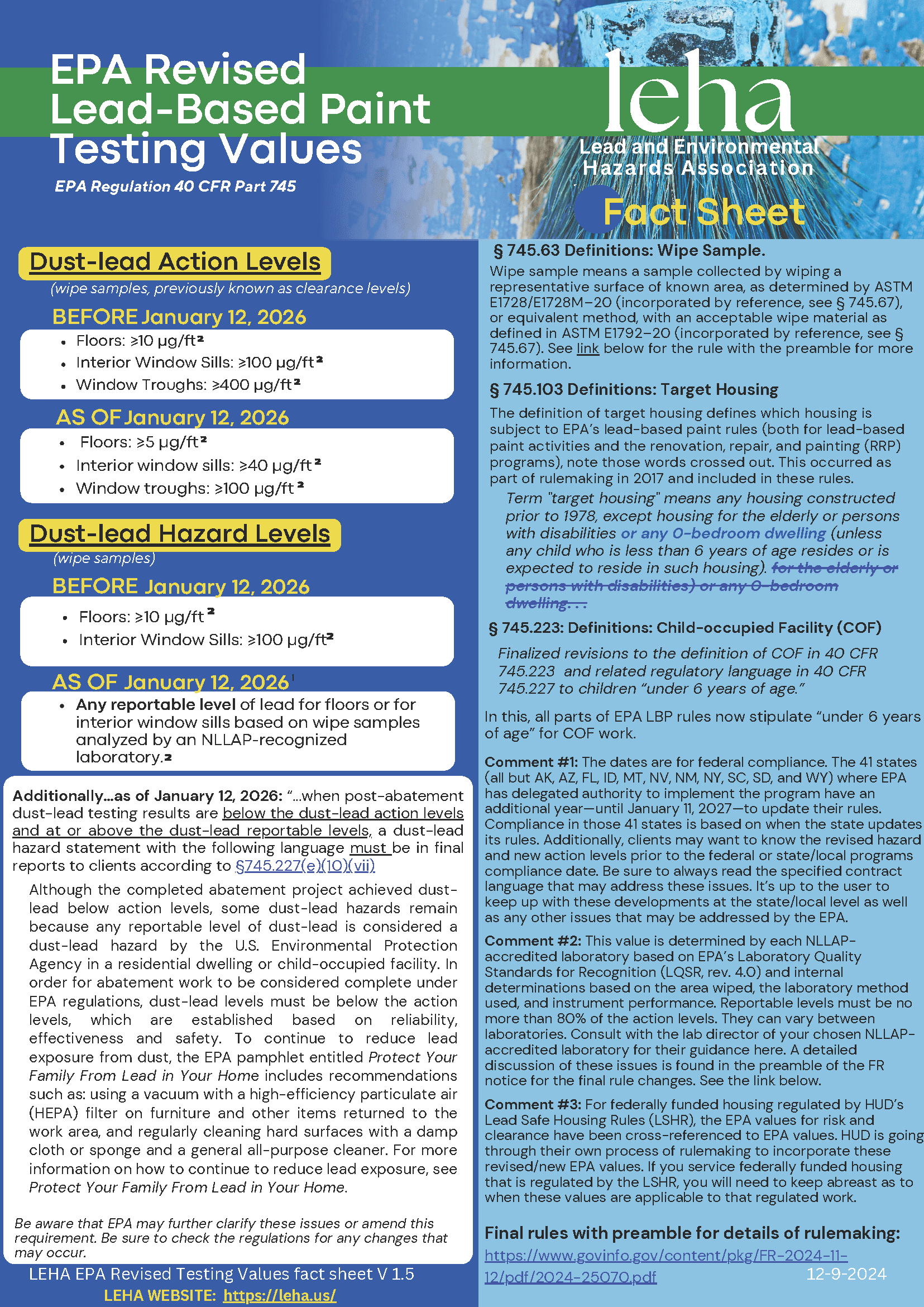 LEHA factsheet: EPA Revised Lead-Based Paint Testing Values: EPA Regulation 40 CFR Part 745. Version 1.5.