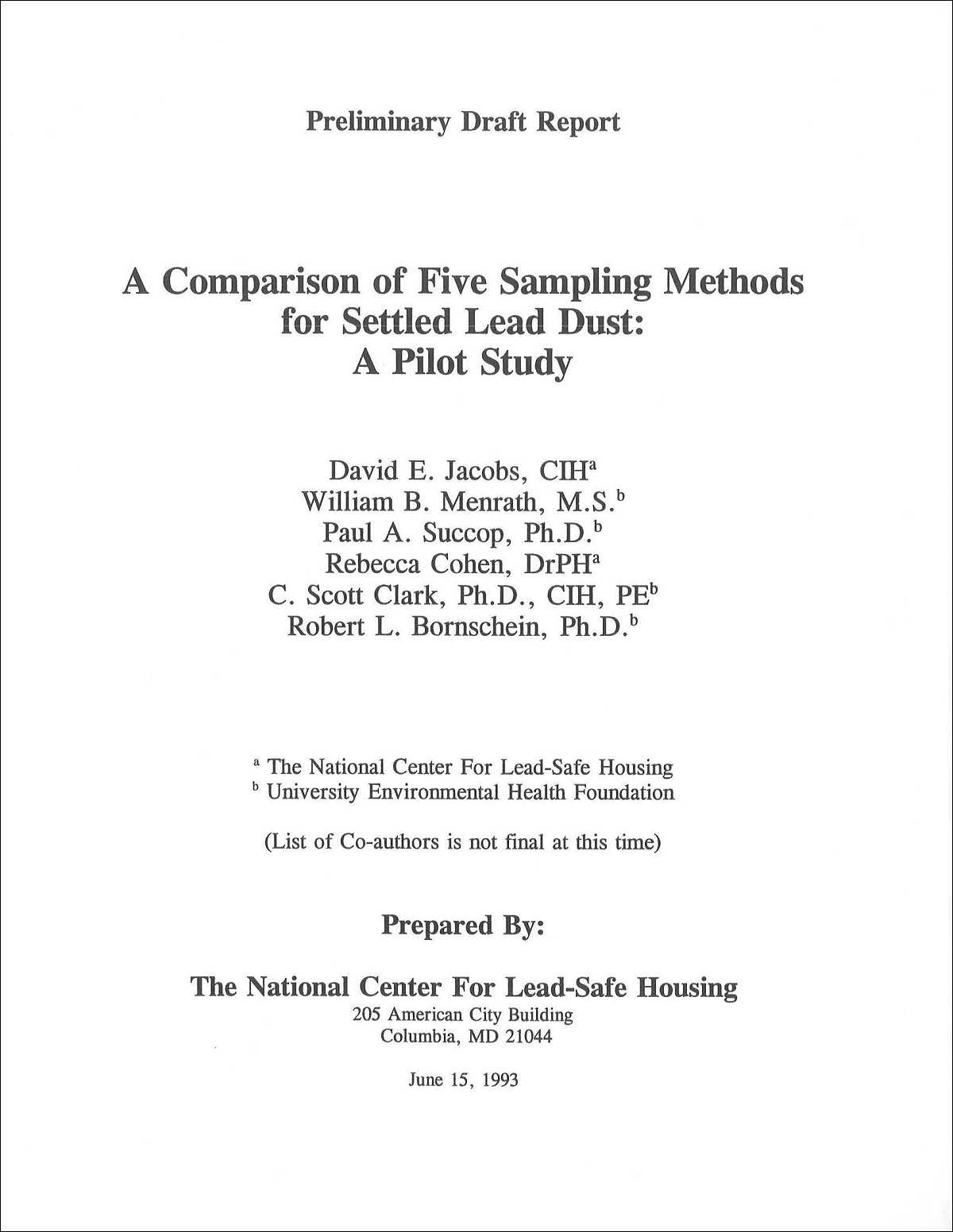 Report - A Comparison of Five Sampling Methods for Settled Lead Dust: A Pilot Study